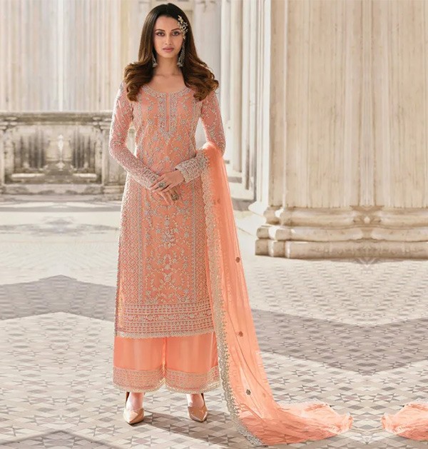 Embroidered Net Pakistani Suit in Peach