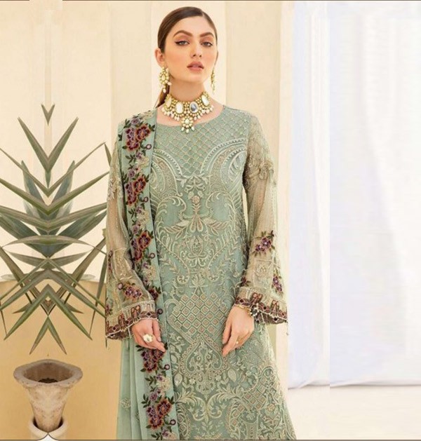 Faux georgette Embroidered Pista Pakistani Suit with Dupatta