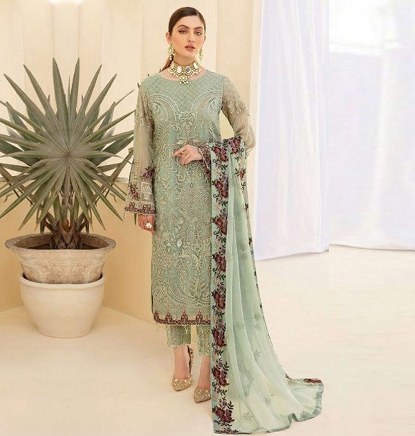 Faux georgette Embroidered Pista Pakistani Suit with Dupatta