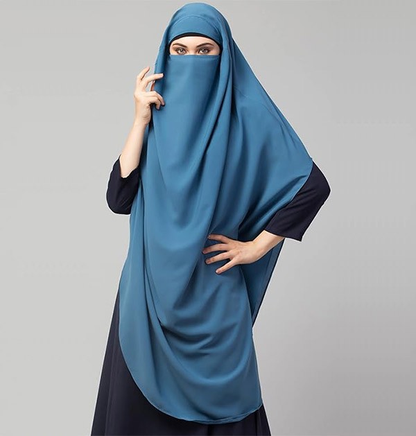 Free Size Blue Khimar With Smocking Sleeves and Adjustable Mouth