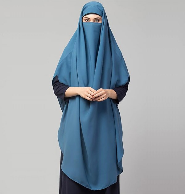 Free Size Blue Khimar With Smocking Sleeves and Adjustable Mouth