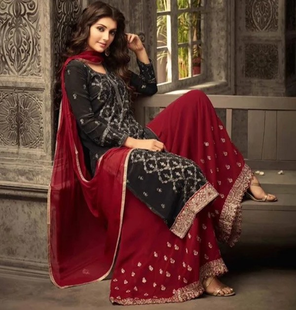 Semi Stitched Georgette Maroon and Black Kurta & Sharara-1