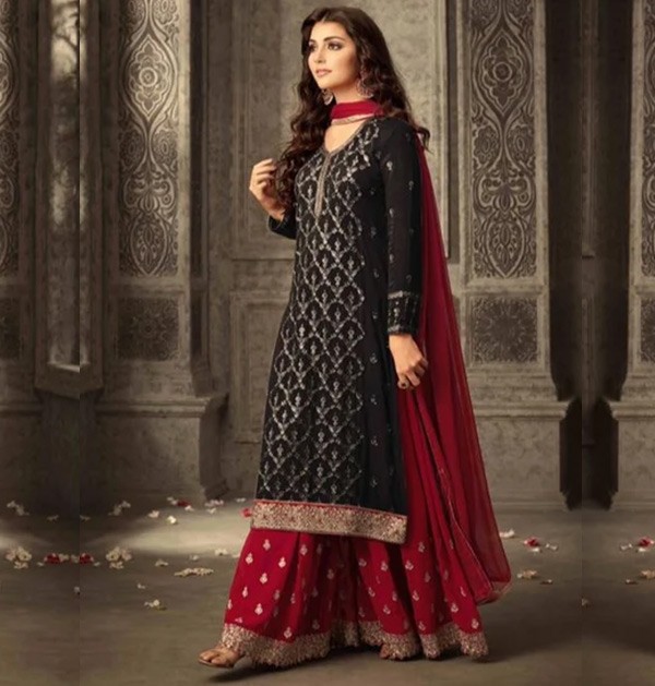 Semi Stitched Georgette Maroon and Black Kurta & Sharara