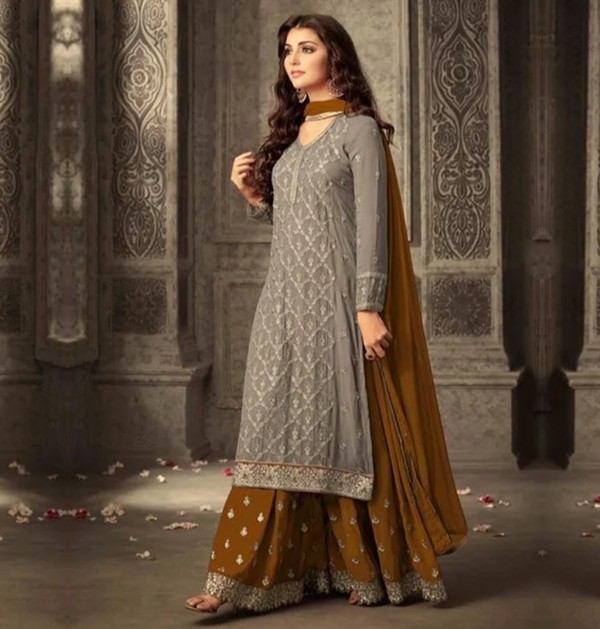 Semi Stitched Georgette Sepia and Smokey Tan Kurta & Sharara Fabric Embroidered-1