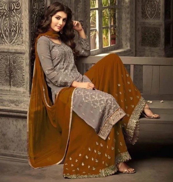 Semi Stitched Georgette Sepia and Smokey Tan Kurta & Sharara Fabric Embroidered
