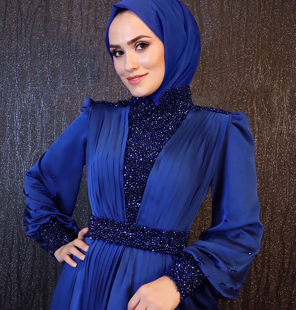 Sparkling Evening Dress with Hijab blue Color-2