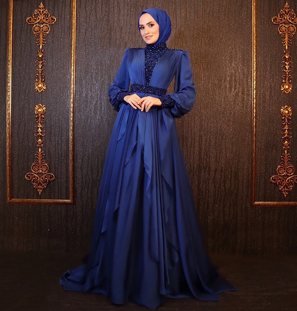Sparkling Evening Dress with Hijab blue Color