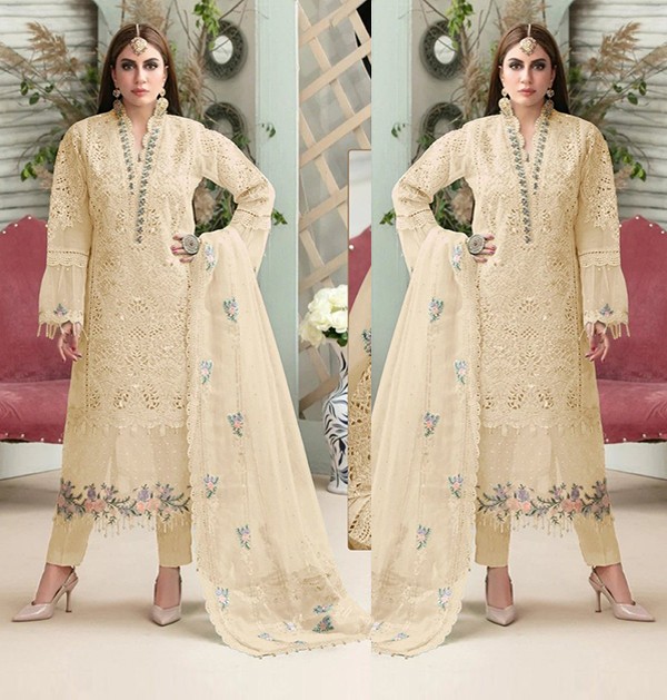 Unstitched Party Wear Ladies Designer Pakistani Beige Suits