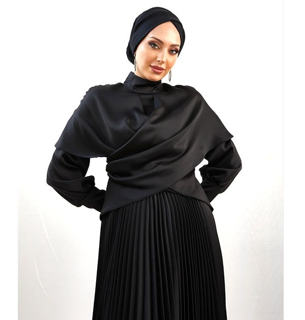 Luxurious Quality Satin Pearl Black Dress with Hijab
