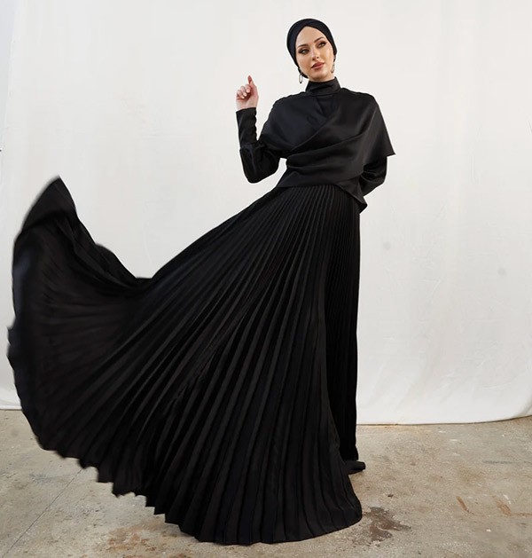 Luxurious Quality Satin Pearl Black Dress with Hijab