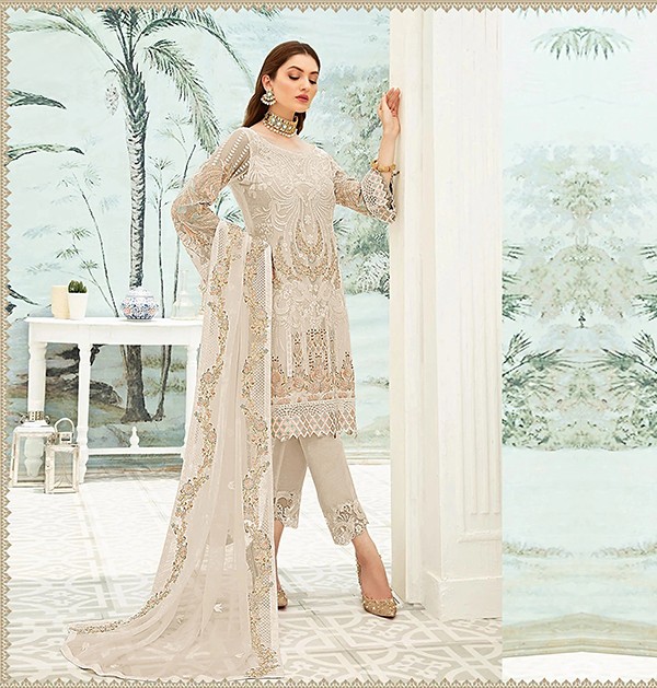 Pakistani Style White Embroidery Work Salwar Kameez