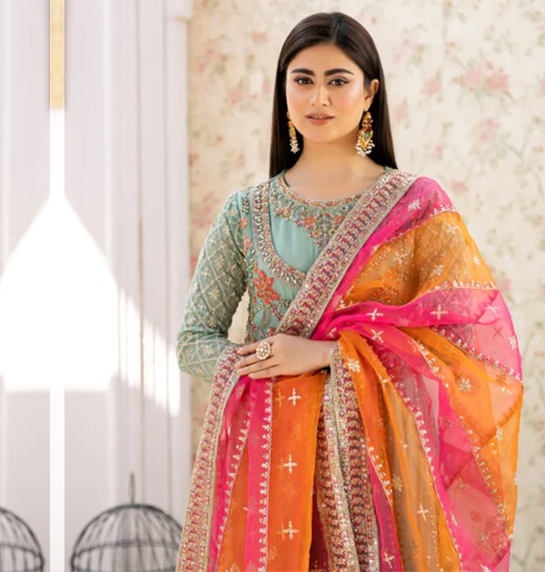 Islamic Fashion Chiffon Aqua Color Sharara Suit-1