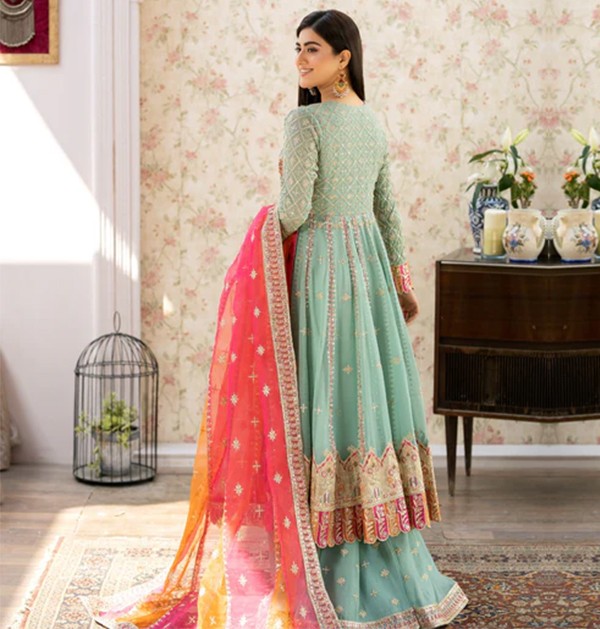 Islamic Fashion Chiffon Aqua Color Sharara Suit-3