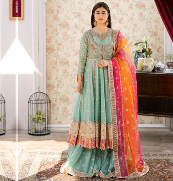 Islamic Fashion Chiffon Aqua Color Sharara Suit