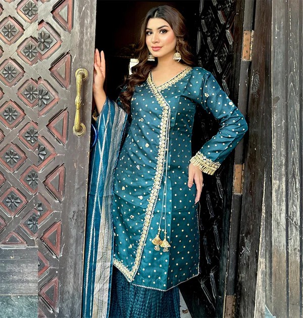 Islamic Fashion Organza Blue Color Sharara Suit-2