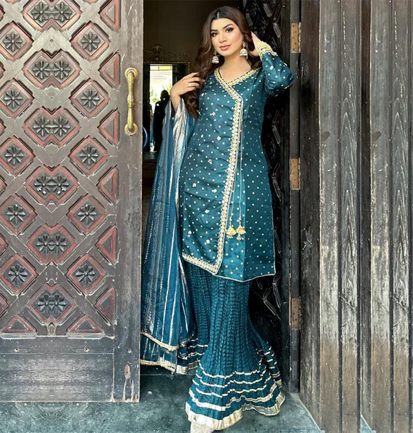 Islamic Fashion Organza Blue Color Sharara Suit-2