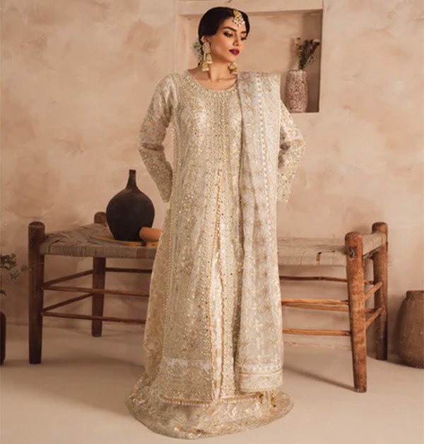 indian three piece stitched outfit white color maxi dress