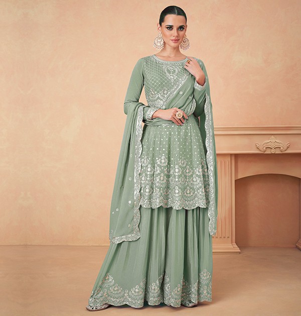 Lime green chinon sequence embroidery work salwar suit with dupatta