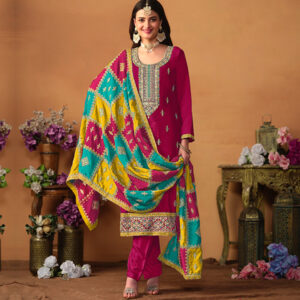 Traditional Wear Women's Chinon Silk With Emboidery Work Rani Color