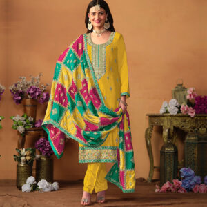 Traditional Wear Women's Chinon Silk With Emboidery Work Yellow Color-1