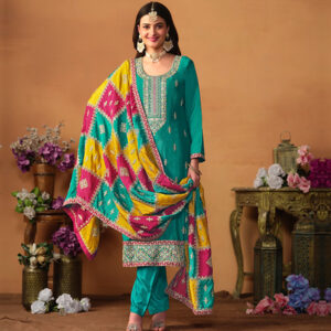 Traditional Wear Women's Chinon Silk With Embroidery Work Blue Color