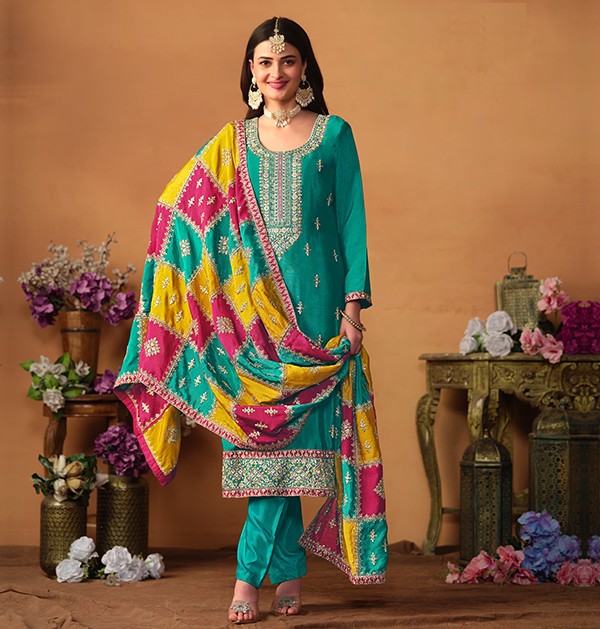 Traditional Wear Women's Chinon Silk With Embroidery Work Blue Color