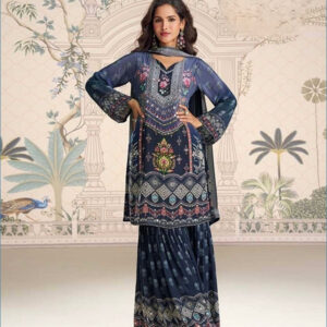 Fancy Printed Chinon Silk Kurti Sharara Set with Mirror Work & Dupatta