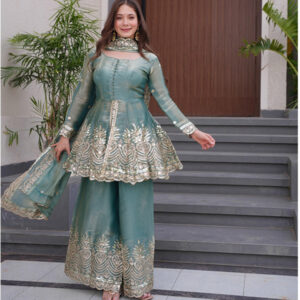 Heavy Two-Tone Fendy Satin Silk Gown with Sharara & Dupatta3