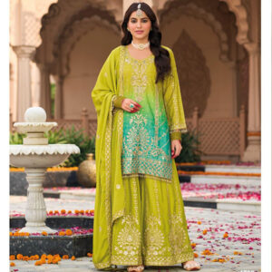 Husnara Premium Chinon Suit Set green Colour