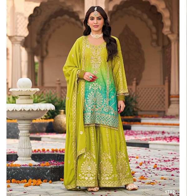 Husnara Premium Chinon Suit Set green Colour