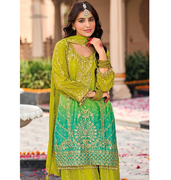 Husnara Premium Chinon Suit Set green Colour