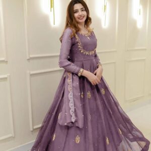 Lavender Georgette Embroidery Work Gown