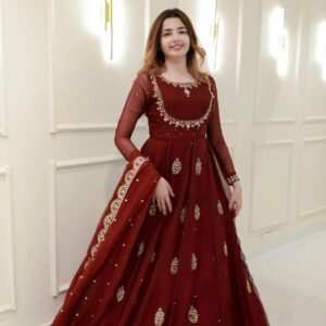 Maroon Georgette Embroidery Work Gown