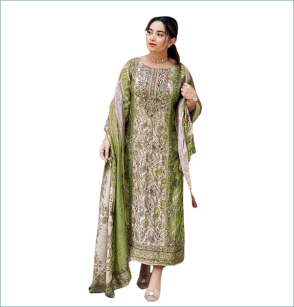 Muslin Pakistani Readymade Suits Olive Green