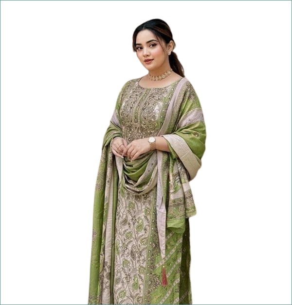 Muslin Pakistani Readymade Suits Olive Green