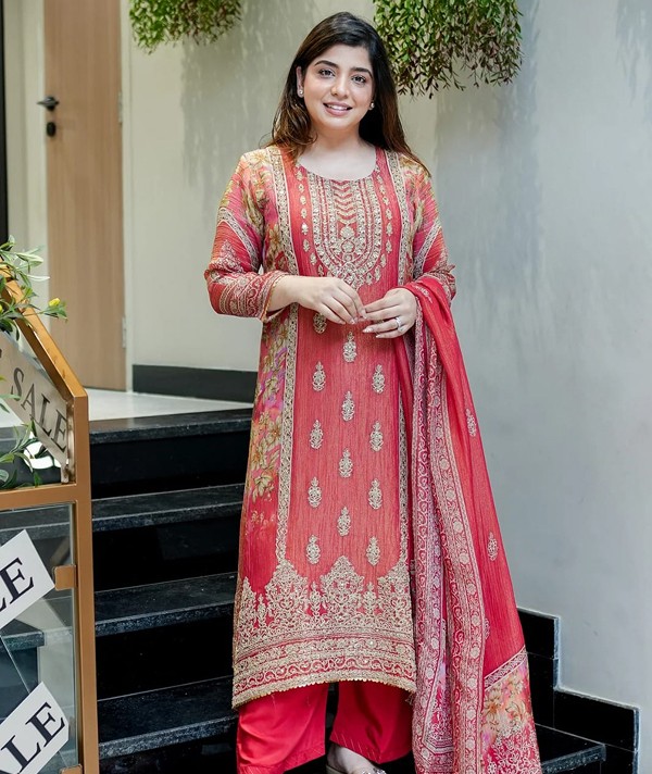 Premium Chinon Hand Work Kurti Pent and Dupatta Suit Set red colour6