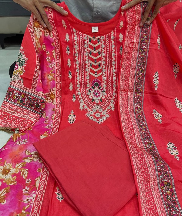 Premium Chinon Hand Work Kurti Pent and Dupatta Suit Set red colour6