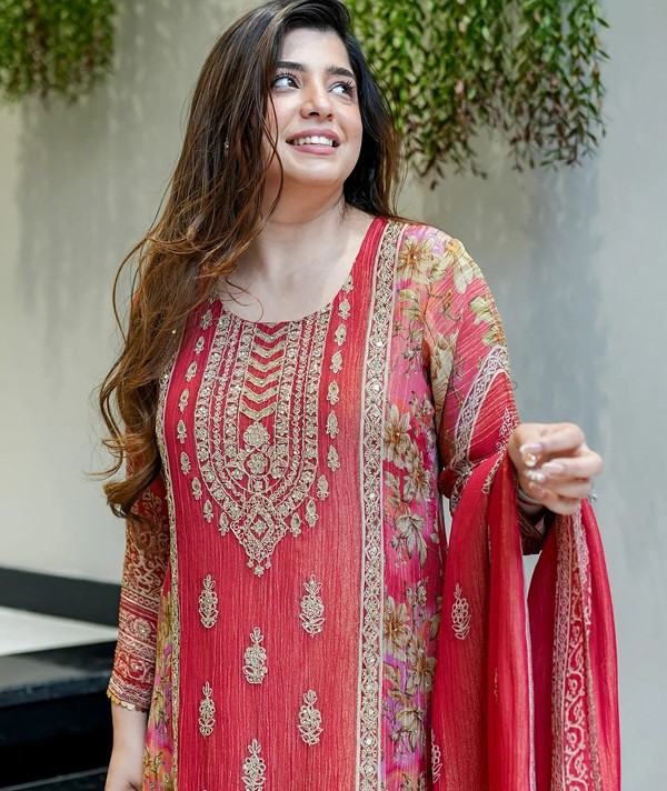 Premium Chinon Hand Work Kurti Pent and Dupatta Suit Set red colour6