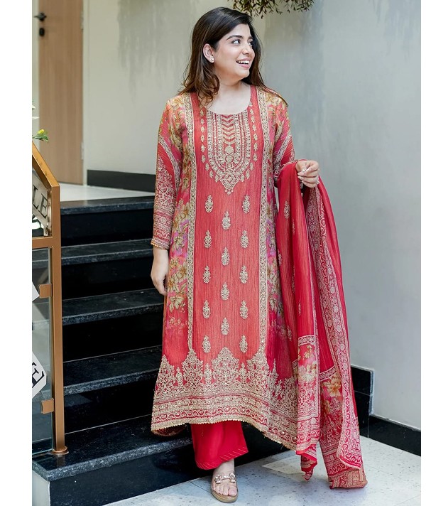 Premium Chinon Hand Work Kurti Pent and Dupatta Suit Set red colour6