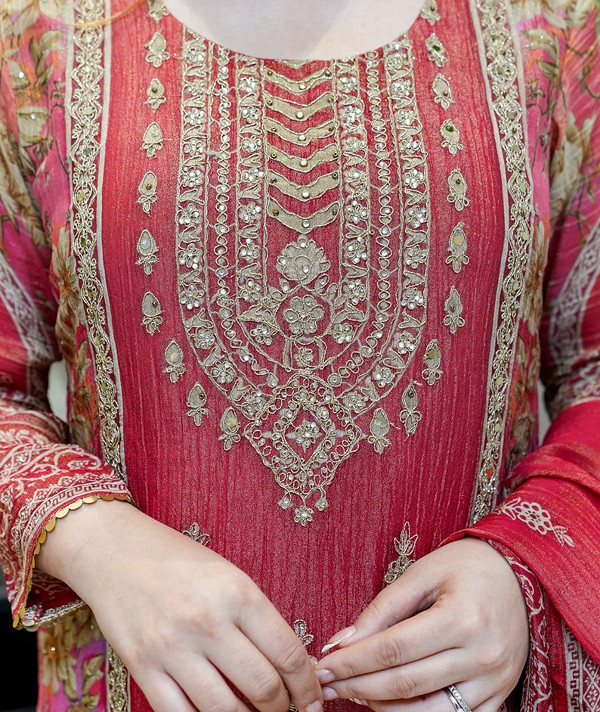 Premium Chinon Hand Work Kurti Pent and Dupatta Suit Set red colour6