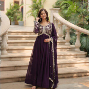 Faux Blooming Embroidered Work Gown Purple Colour-2