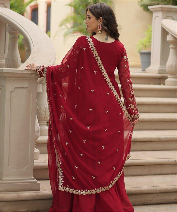Faux Blooming Embroidered Work Gown Red Colour - Image 2