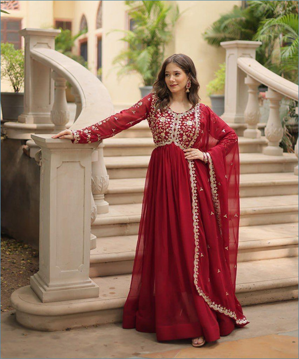 Faux Blooming Embroidered Work Gown Red Colour 4