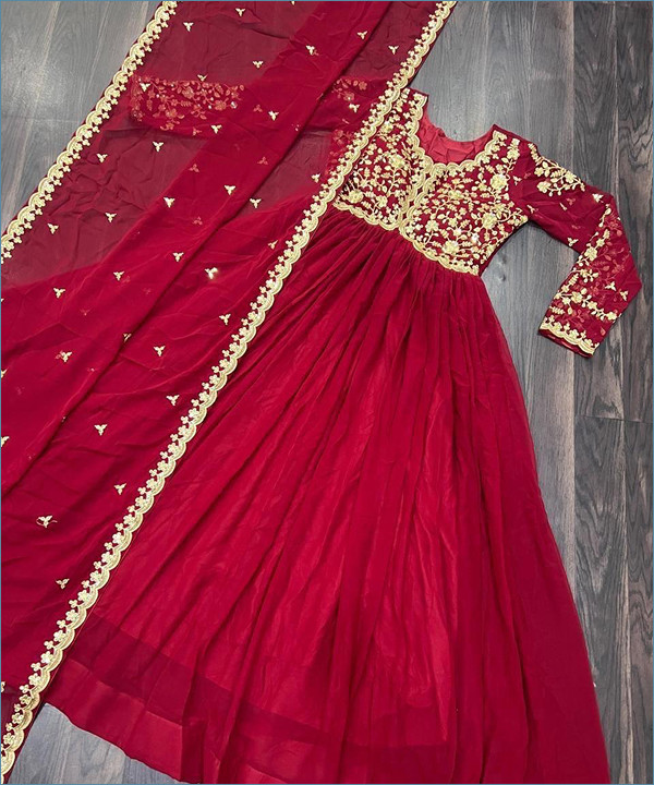 Faux Blooming Embroidered Work Gown Red Colour - Image 5