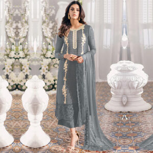 Georgette Embroidered Grey Color Straight Cut Palazzo Suit