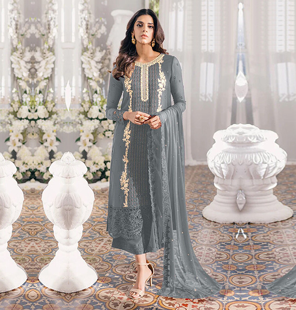 Georgette Embroidered Grey Color Straight Cut Palazzo Suit