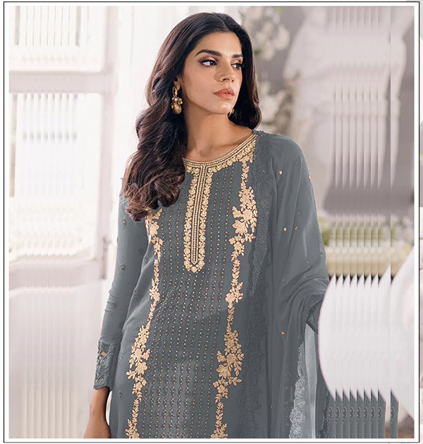 Georgette Embroidered Purpal Color Straight Cut Palazzo Suit