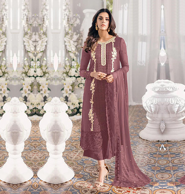 Georgette Embroidered Purpal Color Straight Cut Palazzo Suit