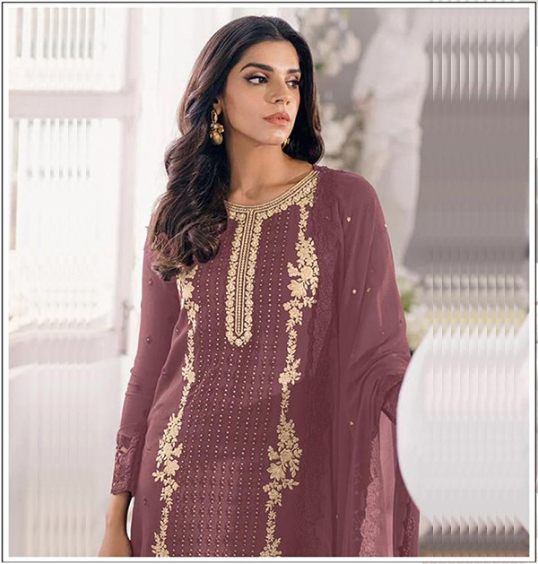 Georgette Embroidered Purpal Color Straight Cut Palazzo Suit