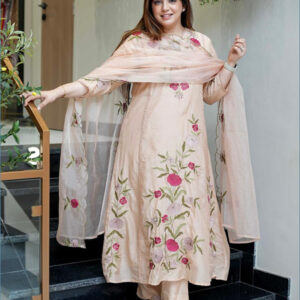 Heavy Chanderi Silk Embroidered Suit Set Beige Colour